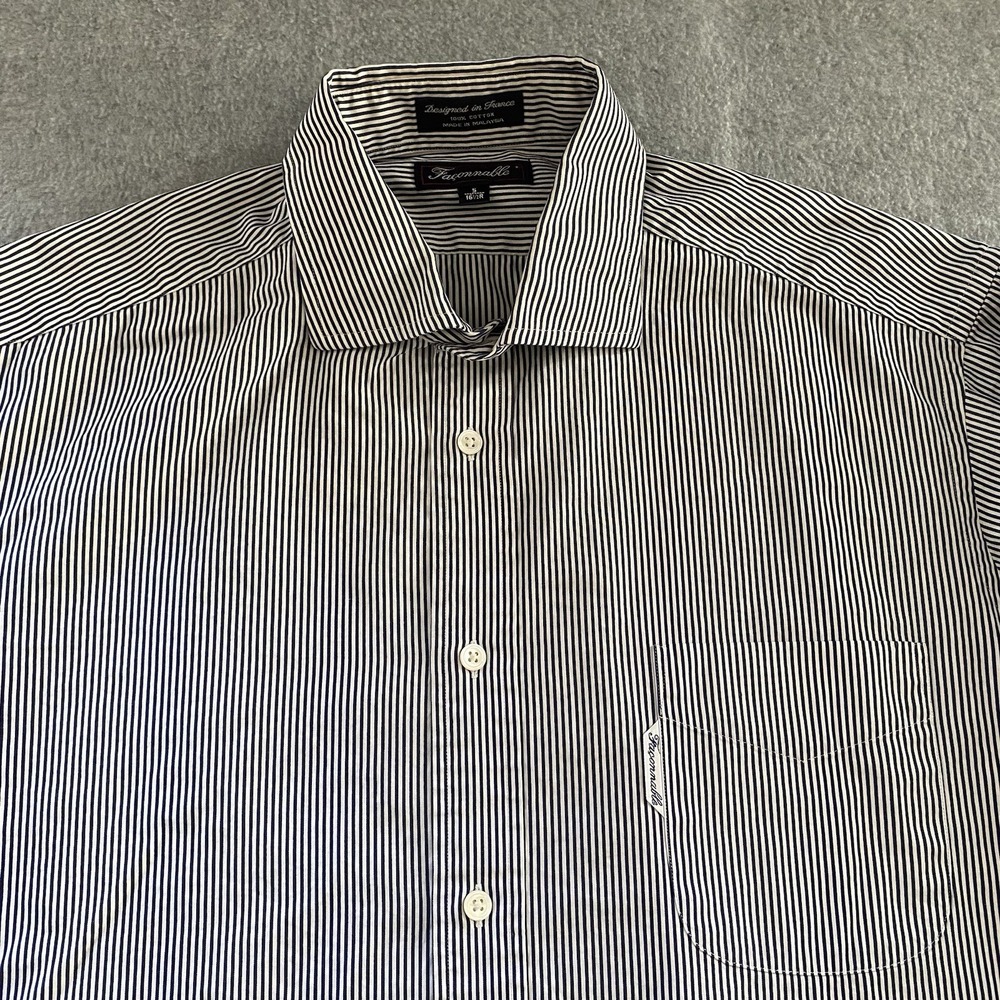 Faconnable Shirt 5 16.5R Navy Stripe Button Up 100% Cotton Long Sleeve France‎ - Picture 4 of 16